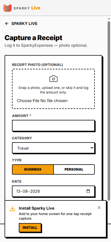 SparkyLive mobile receipt capture screen